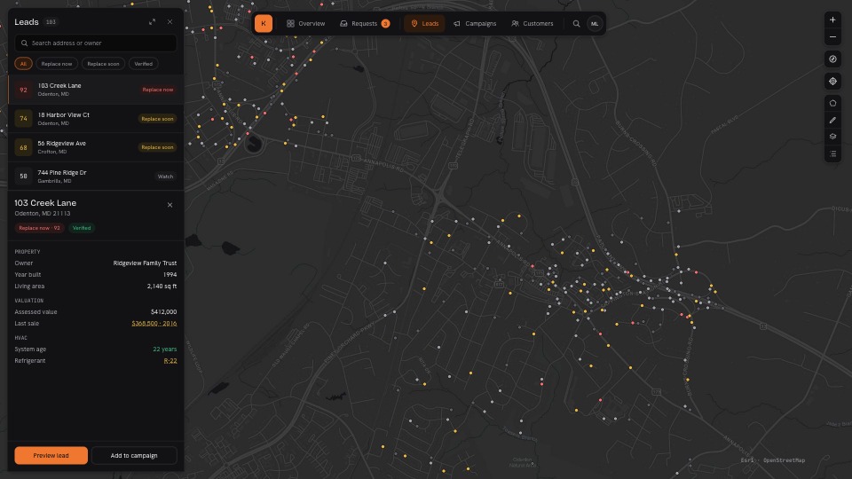 Kalida desktop map with property leads and home records.